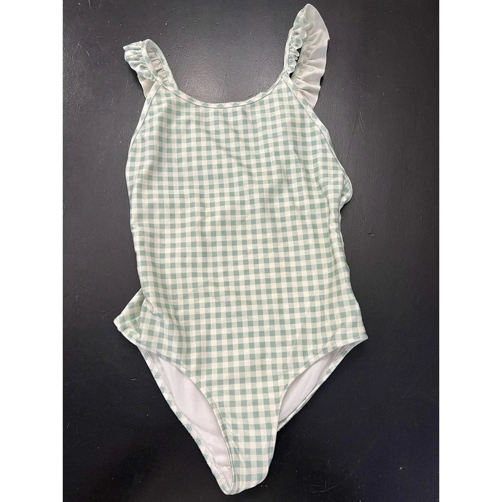 Polo Ralph Lauren Off White Mint Green Gingham Ruffle One Piece SwimSuit Girls 8